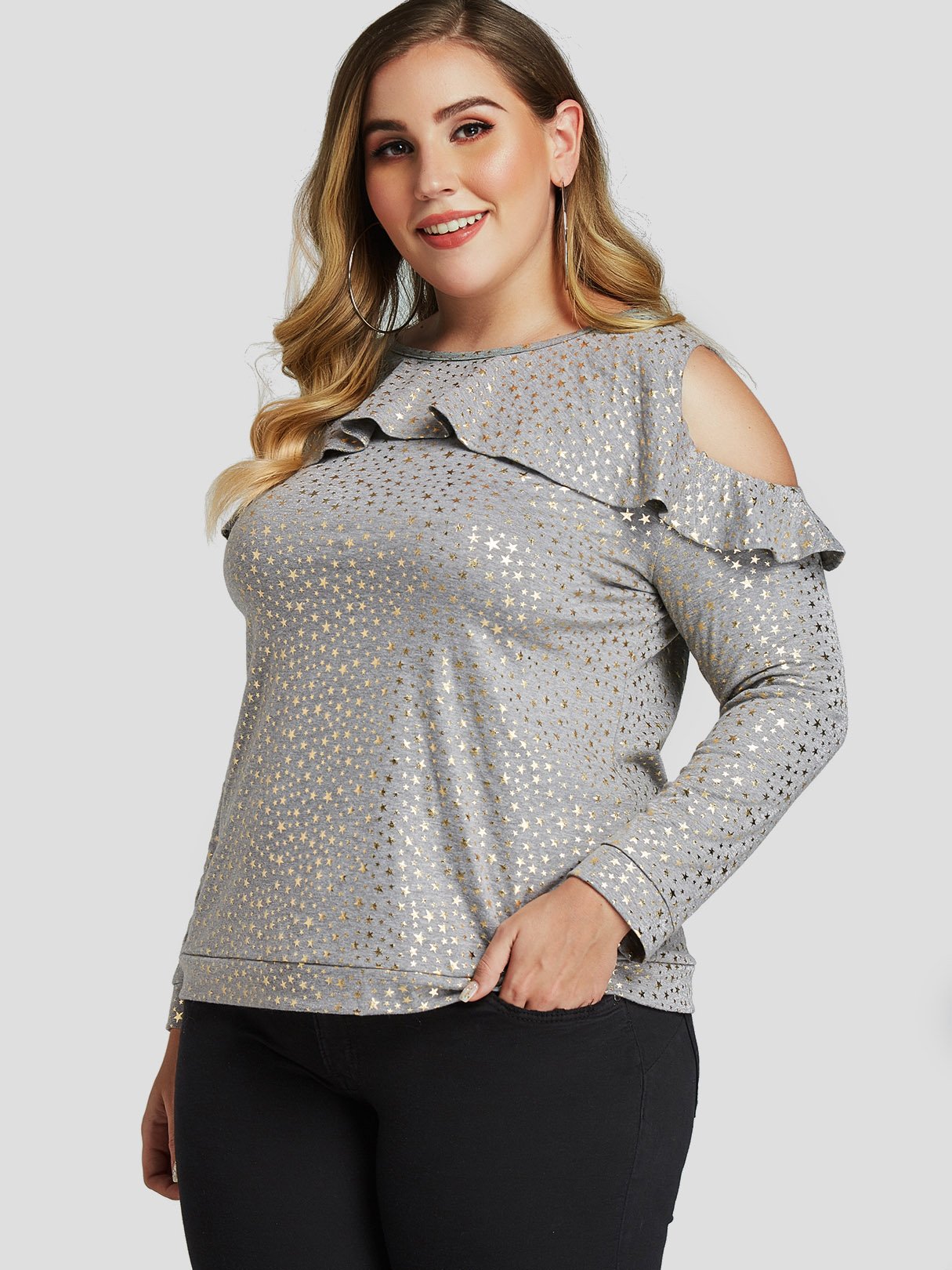 Wholesale Round Neck Star Cut Out Long Sleeve Grey Plus Size Tops