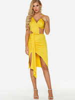 Wholesale Yellow V-Neck Sleeveless Backless Irregular Hem Sexy Dress