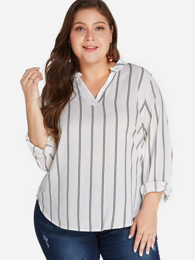 Wholesale V-Neck Stripe Long Sleeve Curved Hem White Plus Size Tops
