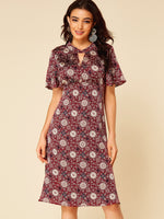 Wholesale Burgundy Round Neck Short Sleeve Geometrical Tribal Print Cut Out Casual Dress