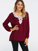 Wholesale V-Neck Lace Backless Long Sleeve Irregular Hem Burgundy T-Shirts