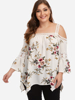 Wholesale Cold Shoulder Floral Print Lace Long Sleeve Handkerchief Hem Plus Size Tops
