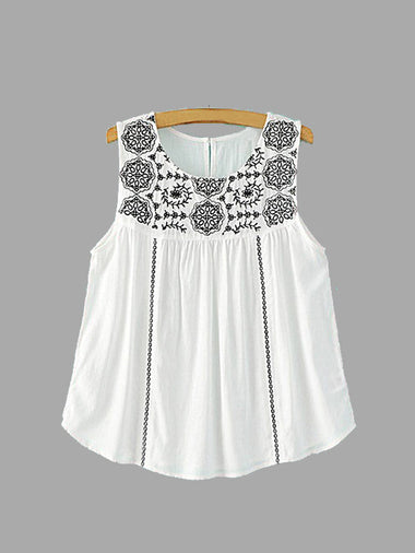 Wholesale Round Neck Printed Sleeveless White Top