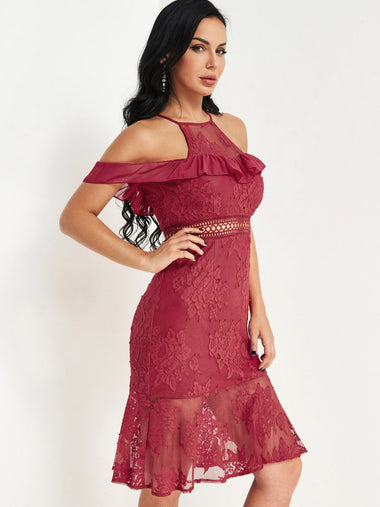 Wholesale Burgundy Cold Shoulder Sleeveless Lace Hollow Sexy Dresses