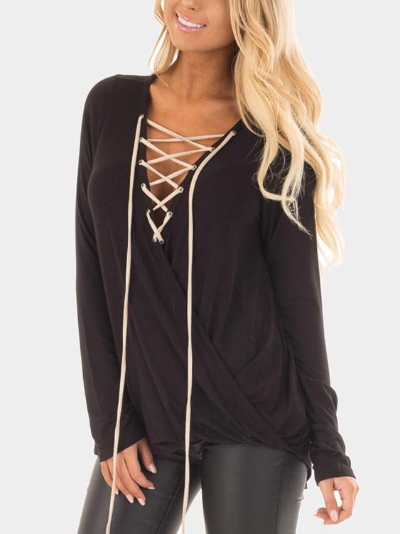 Wholesale V-Neck Plain Crossed Front Lace-Up Long Sleeve Black Top