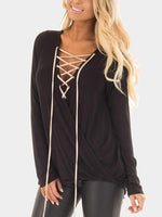 Wholesale V-Neck Plain Crossed Front Lace-Up Long Sleeve Black Top