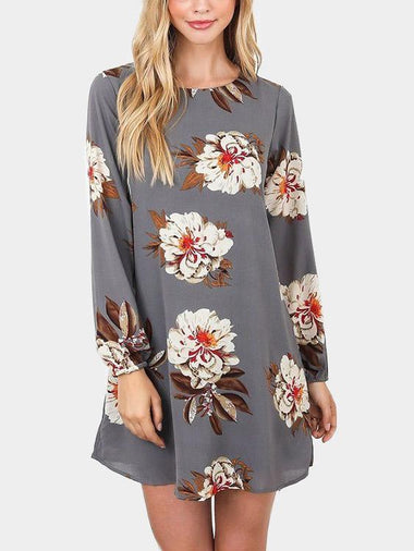 Wholesale Grey Round Neck Long Sleeve Floral Print Backless Lace-Up Mini Dresses