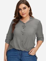 Wholesale V-Neck Plain Twist Long Sleeve Grey Plus Size Tops