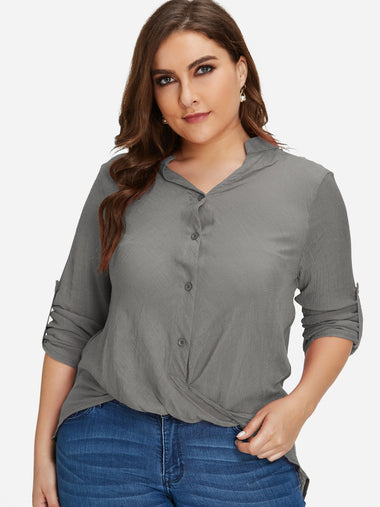 Wholesale V-Neck Plain Twist Long Sleeve Grey Plus Size Tops