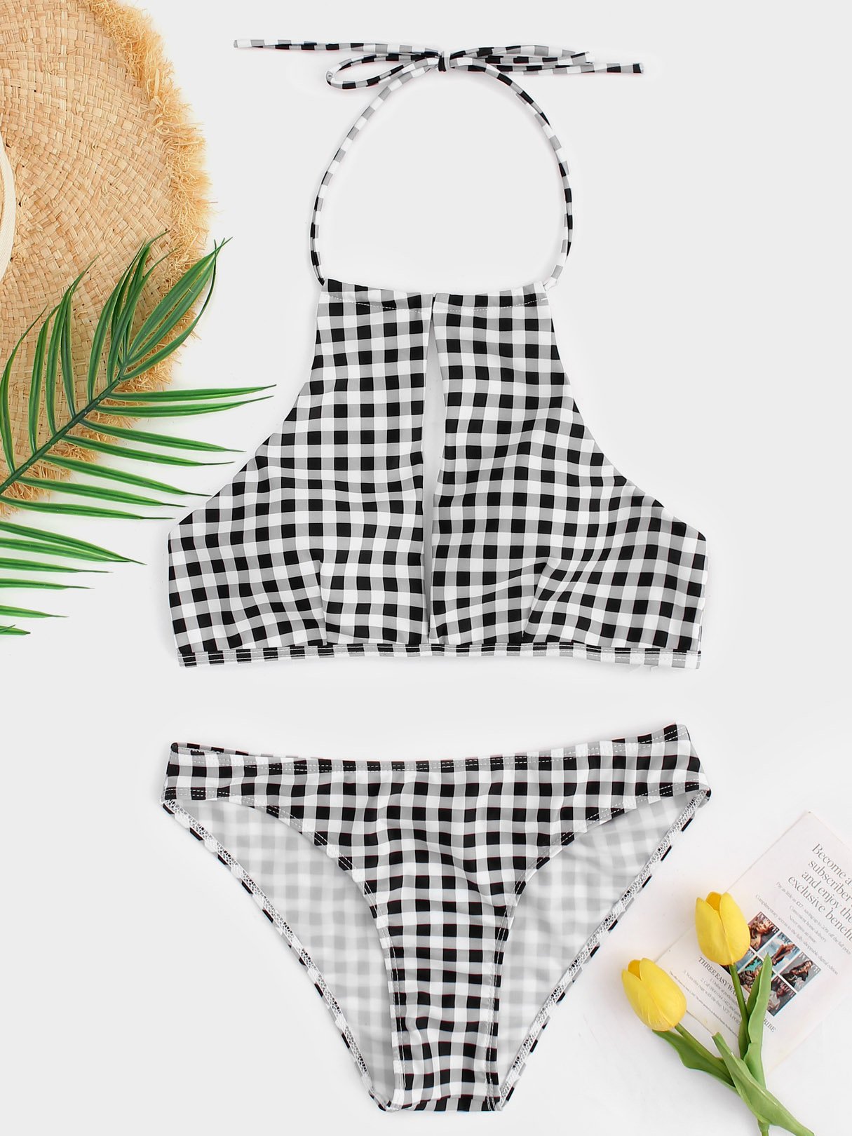 Wholesale White Halter Sleeveless Grid Cut Out Spaghetti Strap Self-Tie Bikinis