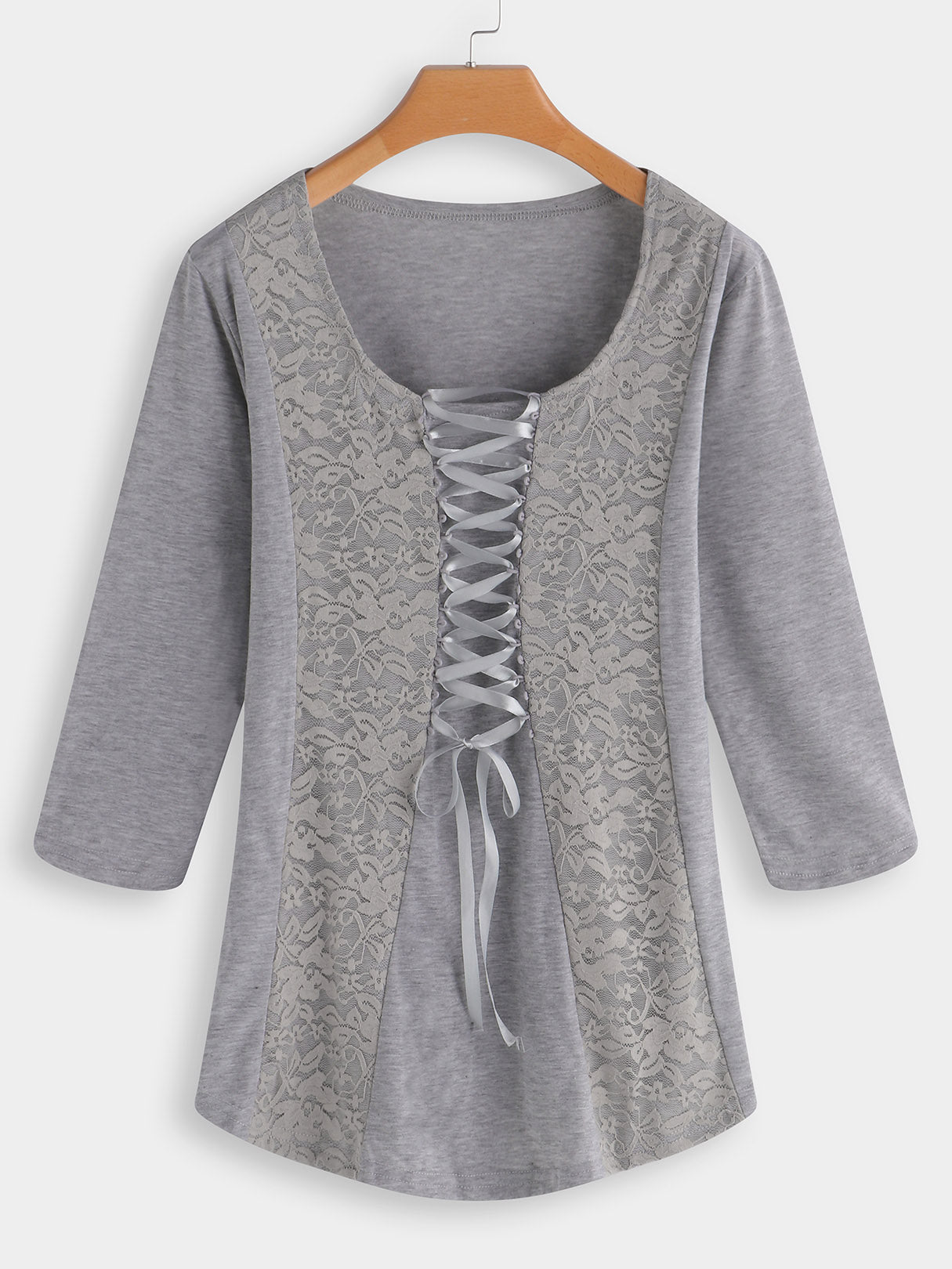 Wholesale Scoop Neck Lace Lace-Up 3/4 Sleeve Grey T-Shirts