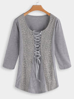 Wholesale Scoop Neck Lace Lace-Up 3/4 Sleeve Grey T-Shirts