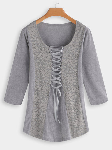 Wholesale Scoop Neck Lace Lace-Up 3/4 Sleeve Grey T-Shirts