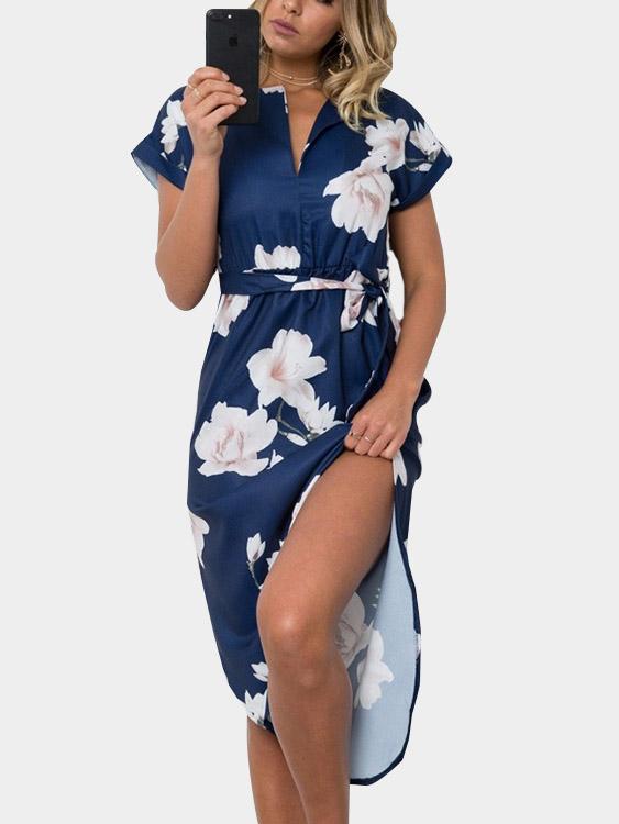 Wholesale V-Neck Floral Print Slit Self-Tie Short Sleeve Curved Hem Navy Dresses