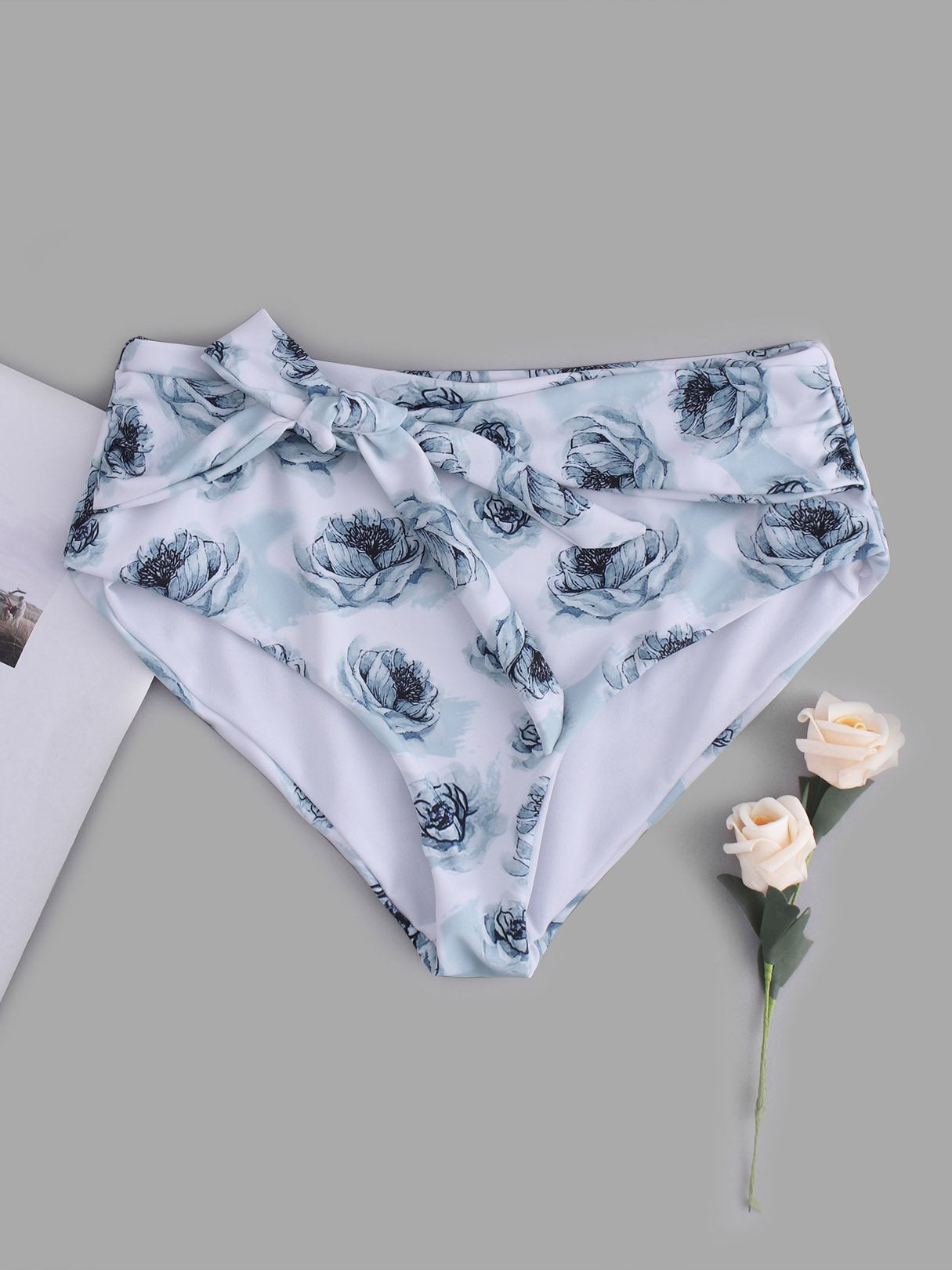 Wholesale White Floral Print Tie-Up High Waist 2 Piece Bikinis