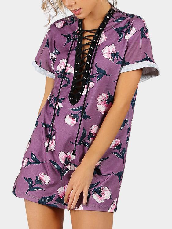 Wholesale Deep V Neck Floral Print Lace-Up Short Sleeve Purple T-Shirts