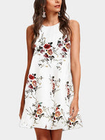 Wholesale White Crew Neck Random Floral Calico Print Sleeveless Dresses