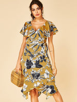 Wholesale Yellow V-Neck Short Sleeve Floral Print Wrap Irregular Hem Dresses