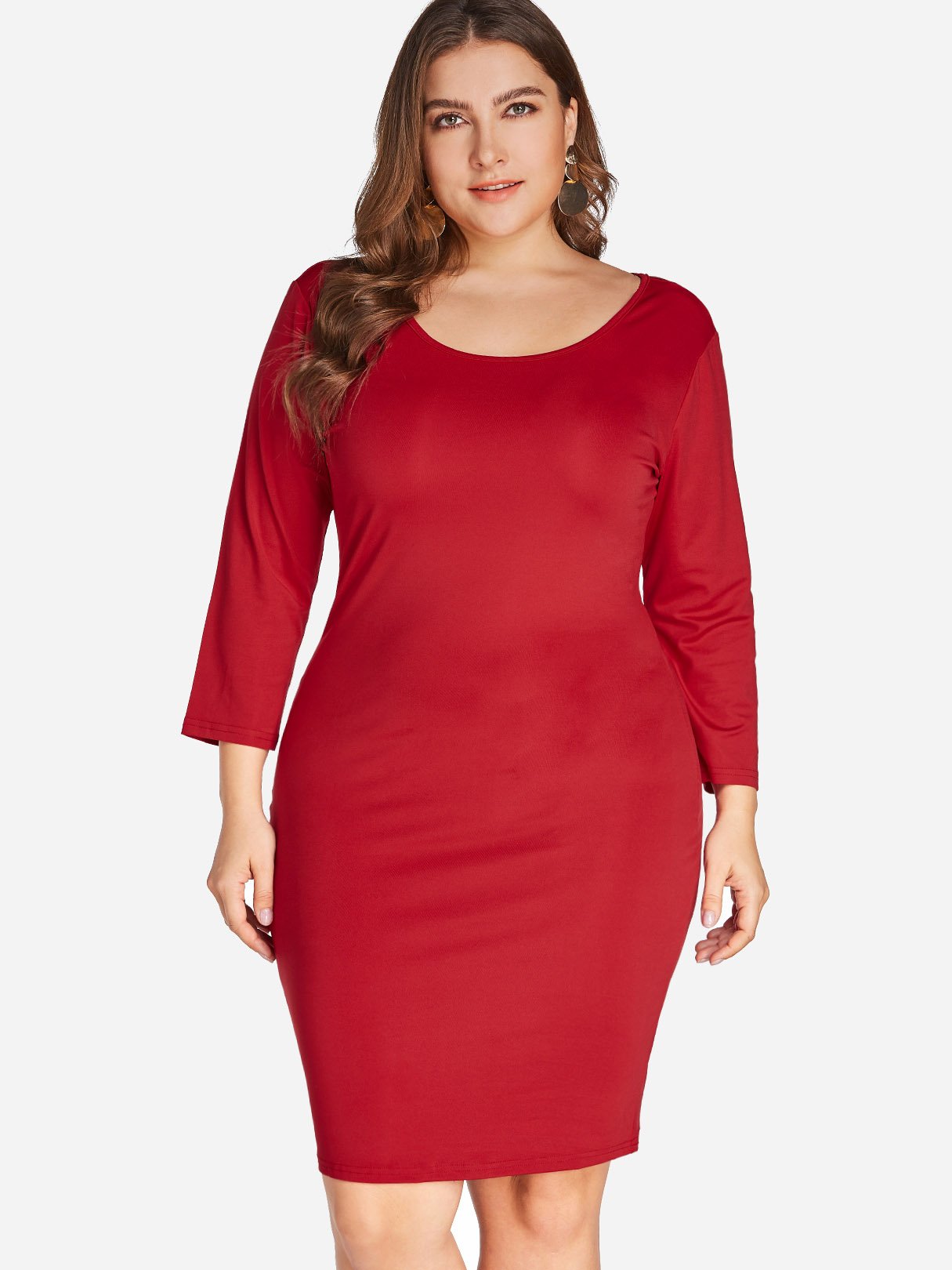 Wholesale Round Neck Plain 3/4 Sleeve Bodycon Hem Red Plus Size Dress