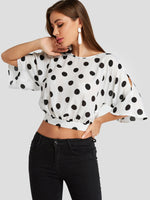 Wholesale Round Neck Polka Dot Cut Out Half Sleeve White Crop Top