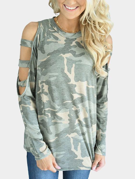 Wholesale Round Neck Camouflage Cut Out Long Sleeve Green T-Shirt