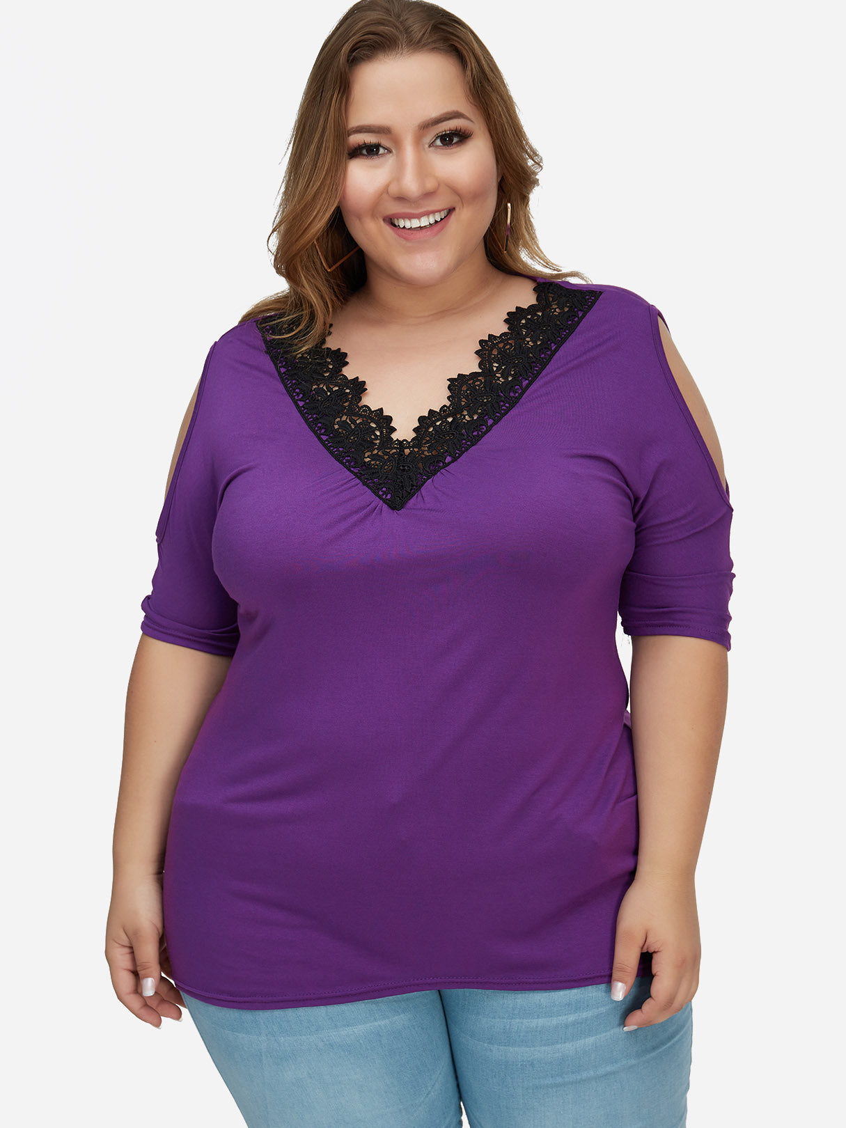 Wholesale V-Neck Cold Shoulder Plain Lace Half Sleeve Plus Size Tops