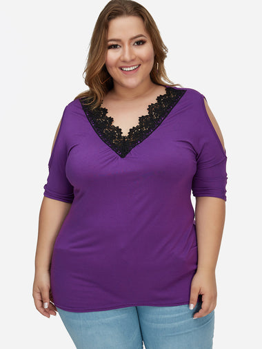 Wholesale V-Neck Cold Shoulder Plain Lace Half Sleeve Plus Size Tops