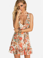 Wholesale V-Neck Sleeveless Floral Print Backless Belt Self-Tie Wrap Flounced Hem High-Waisted Dresses