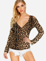 Wholesale V-Neck Cold Shoulder Leopard Crossed Front Cut Out Long Sleeve Top