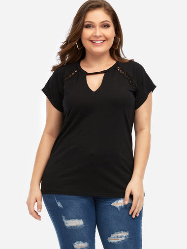 Wholesale Crew Neck Plain Cut Out Short Sleeve Black Plus Size Tops