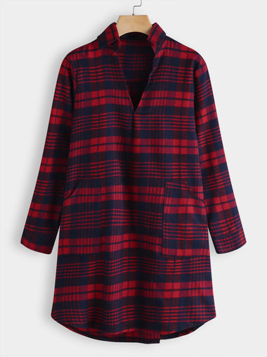 Wholesale Red V-Neck Long Sleeve Grid Side Pockets Curved Hem Shirt Dresses