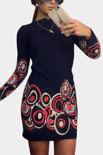 Wholesale Long Sleeve Round Neck Floral Print Black Fashion Mini Dress