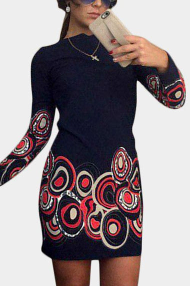 Wholesale Long Sleeve Round Neck Floral Print Black Fashion Mini Dress