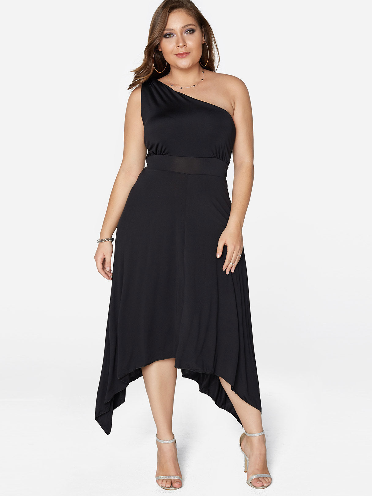 Wholesale One Shoulder Plain Self-Tie Sleeveless Black Plus Size Dresses