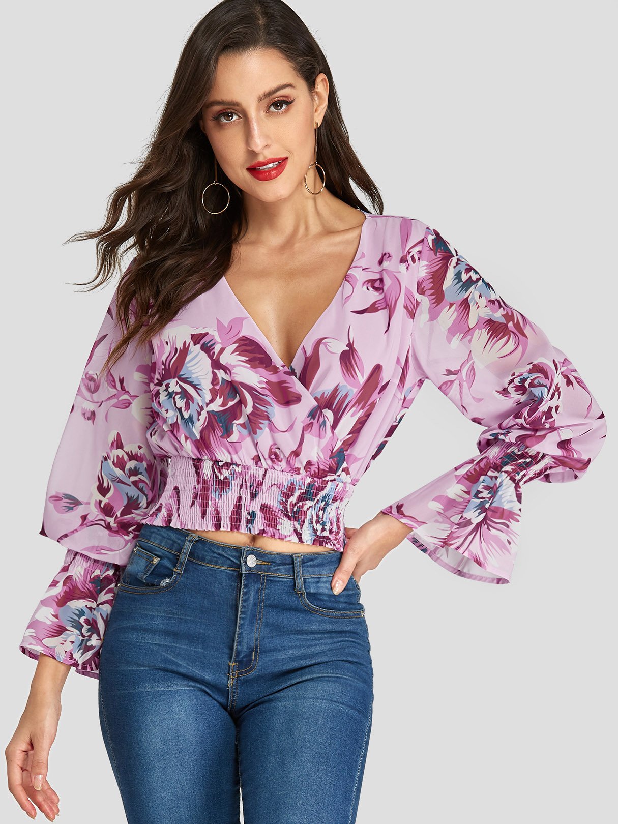 Wholesale Deep V Neck Floral Print Crossed Front Long Sleeve Pink Blouses