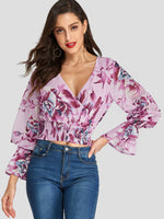 Wholesale Deep V Neck Floral Print Crossed Front Long Sleeve Pink Blouses