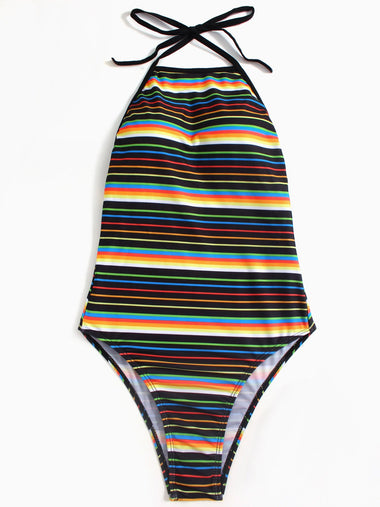 Wholesale Crew Neck Sleeveless Stripe Backless One-Pieces