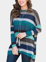 Wholesale Round Neck Stripe Long Sleeve Irregular Hem Blue T-Shirts