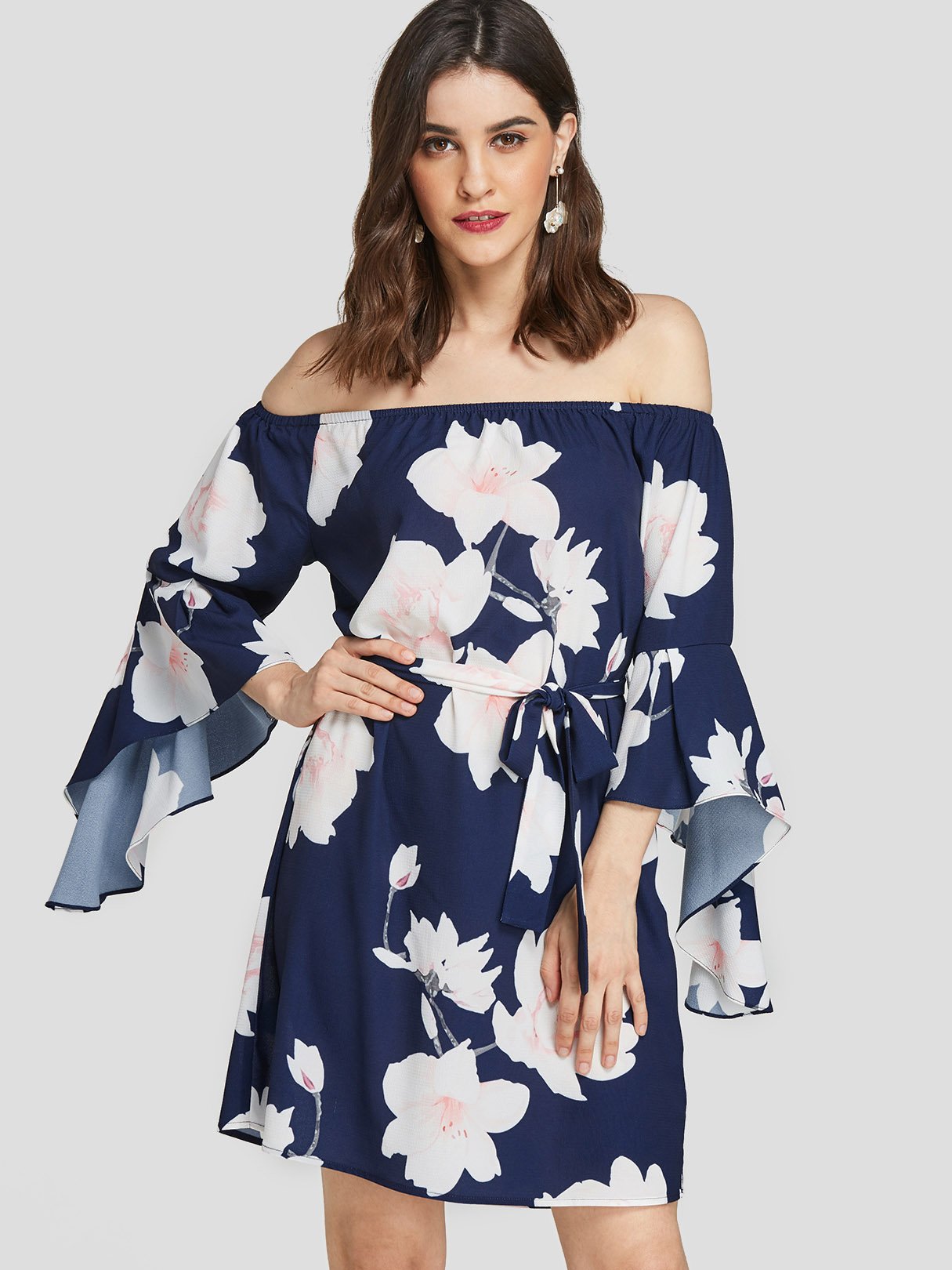 Wholesale Navy Off The Shoulder 3/4 Sleeve Length Floral Print Self-Tie Mini Dresses