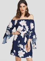 Wholesale Navy Off The Shoulder 3/4 Sleeve Length Floral Print Self-Tie Mini Dresses