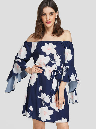 Wholesale Navy Off The Shoulder 3/4 Sleeve Length Floral Print Self-Tie Mini Dresses