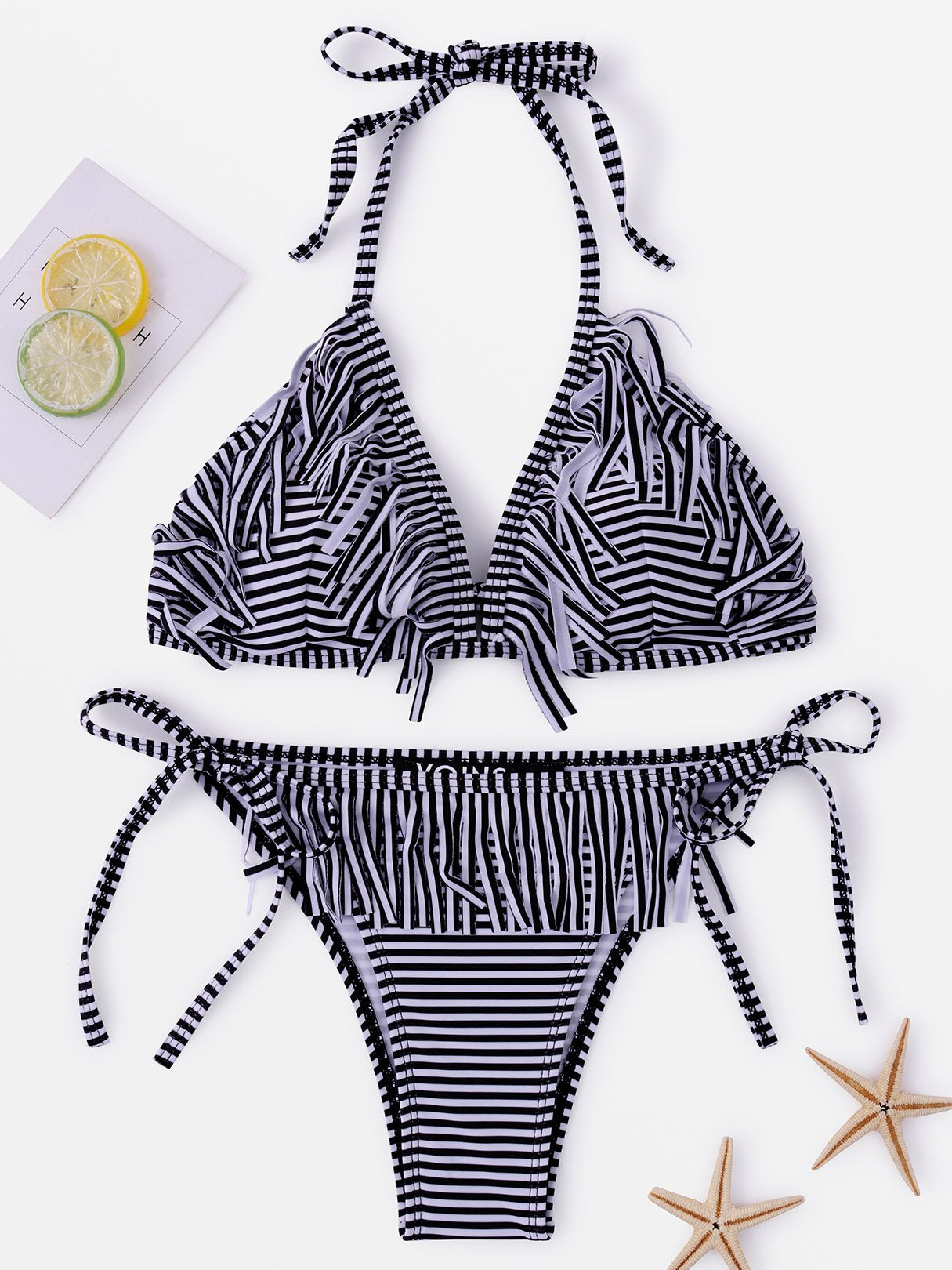 Wholesale Halter V-Neck Sleeveless Stripe Tassel Two Piece Bikinis