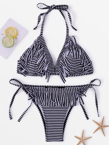 Wholesale Halter V-Neck Sleeveless Stripe Tassel Two Piece Bikinis