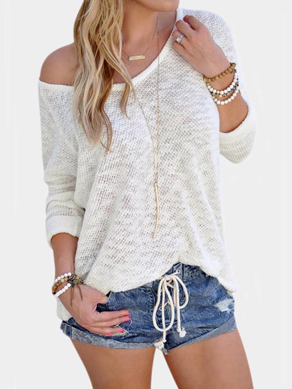 Wholesale Sexy V Neck Long Sleeves Knitted T-Shirt