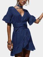 Wholesale Royal Halter Deep V Neck Short Sleeve Plain Lace-Up Slit Flounced Hem Dresses