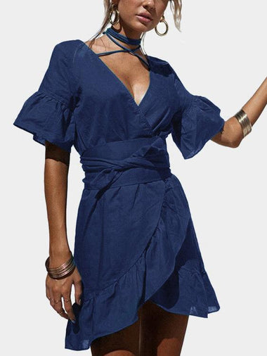 Wholesale Royal Halter Deep V Neck Short Sleeve Plain Lace-Up Slit Flounced Hem Dresses