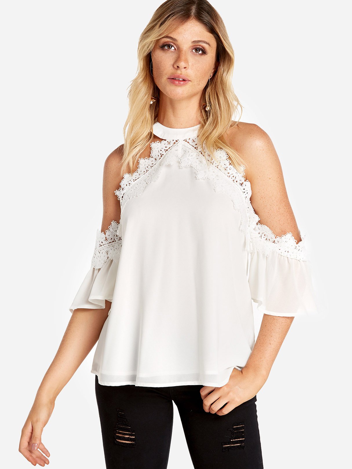 Wholesale Cold Shoulder Plain Lace Short Sleeve White T-Shirts