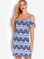 Wholesale Blue Cold Shoulder Sleeveless Printed Sexy Dress