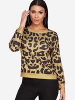 Wholesale Round Neck Leopard Long Sleeve Slit Hem Yellow T-Shirts