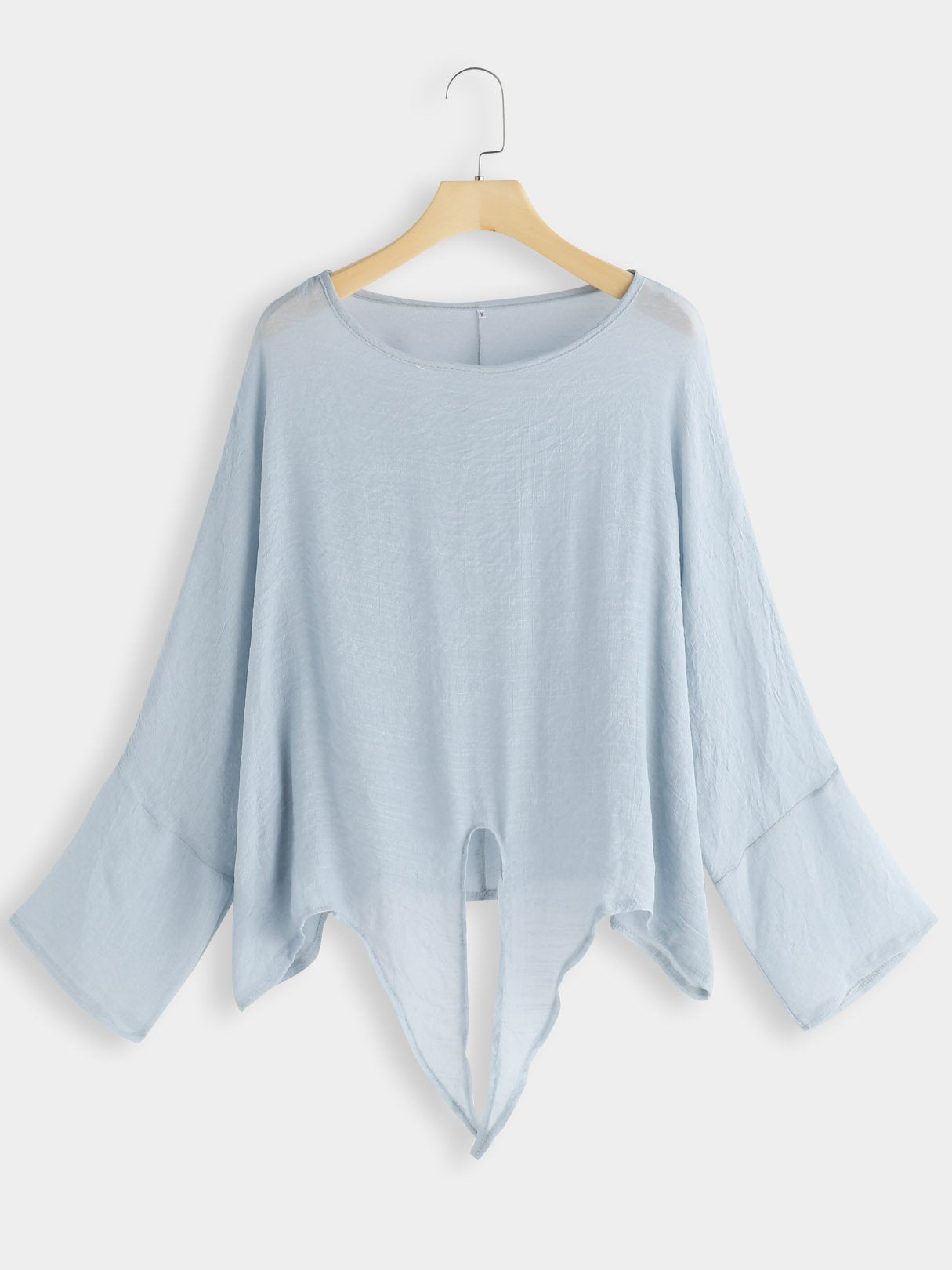 Wholesale Round Neck Tie-Up Long Sleeve Light Blue T-Shirts